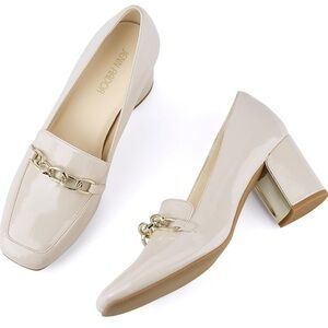 Heeled Loafers Block Heels with Gold Chain Accent